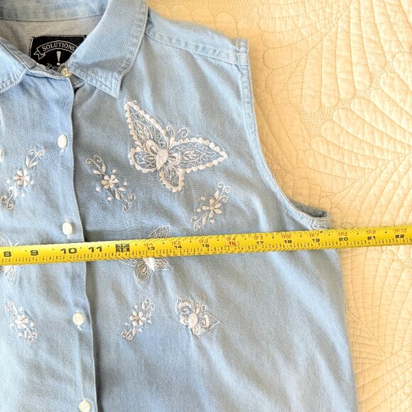 Vintage Solutions Distressed Butterfly Embroidered Sleeveless Denim Shirt Size M - Picture 10 of 11